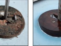 Photos by Bob MugglestonTwo faces have I: The scabby, untouched step (left) and its "new and improved" alter ego, ready for the scrutiny of sailors and non-sailors, alike.