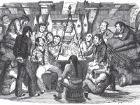 This is an illustration from the book "Songs, naval and national" by Thomas Dibdin, published in London, England in 1841. The caption is "Saturday Night At Sea," and shows a group of sailors amusing themselves while off duty by singing. The illustration itself is by George Cruikshank (d. 1878).
Illustration by George CruikshankAn illustration published in London, England in 1841 that depicts off-duty sailors amusing themselves, beers in hand.