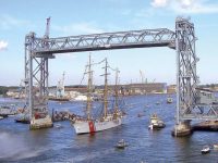 Photo courtesy Walsh ConstructionThe USCGC Eagle, a 295-foot barque used as a training cutter for future CG officers, passes beneath the Memorial Bridge in 2013. The bridge was just high enough.