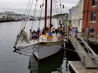 The 81-foot schooner Argia, at Steamboat Wharf near the drawbridge in Mystic, awaits her next charter. Photo by Mike Camarata