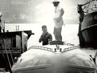 Photo courtesy Kurt PimentelCarl Pimentel, Moby Dick's last owner, stands tall on the boatÕs unique hull. To see a photo gallery of Moby Dick: www.pointseast.com.