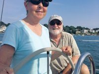 Photo courtesy Shirley CassaraThe author and her husband, Marc, aboard Windigo II, their Sabre 30 Mark III.