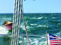 The wet and wild view from Bailamos, the authors' S2 9.1. On this trip the boat, for the first time ever, would take enough water over the bow to reach the cockpit.Photo by Jackie Llewellyn