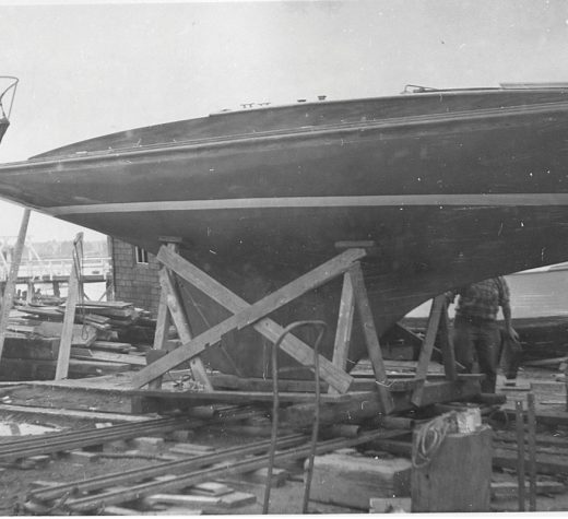 Photos courtesy Patrick BroganAbove, the author, age 6, in the same pipe berth he shared back in City Island with his Dad. This photo was taken later during another cruise. At right, the Herreshoff 23 Flame just before launching.
