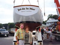 Photo courtesy Groves DinningThe author and his wife pose with Joi de la Mer, the boat that would later become My Girl. The picture was taken following the vessel's first restoration, and just prior to launch.