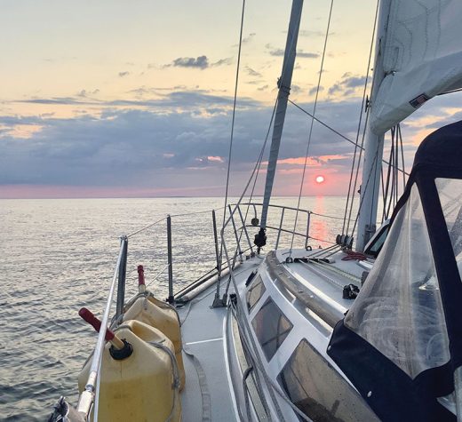 Sunrise greeted the crew of Bailamos upon their arrival in Penobscot Bay, Maine, after an overnight passage from Hull, Mass.Photo by Jackie Llewellyn