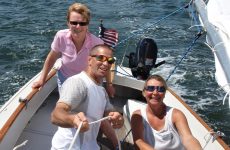 Rob, Tracy and Helen (on the tiller), students in the first-ever Basic Keelboat class offered by the Cape Cod Sailing School, put Blue Skies through her paces.Photo by Mark Barrett