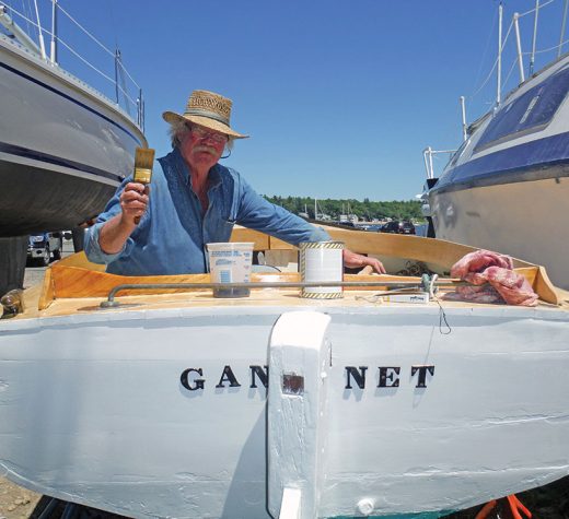 Photo courtesy Mike MartelCapt. Tom Bradford touching up the cockpit coaming on his 1935 Cape Cod catboat Gannet. Tom is using Epifanes, a high-solids, high-durability Dutch varnish, thinned with a special thinner.